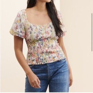 Anthropology Floral Smocked Puff Sleeve Top medium